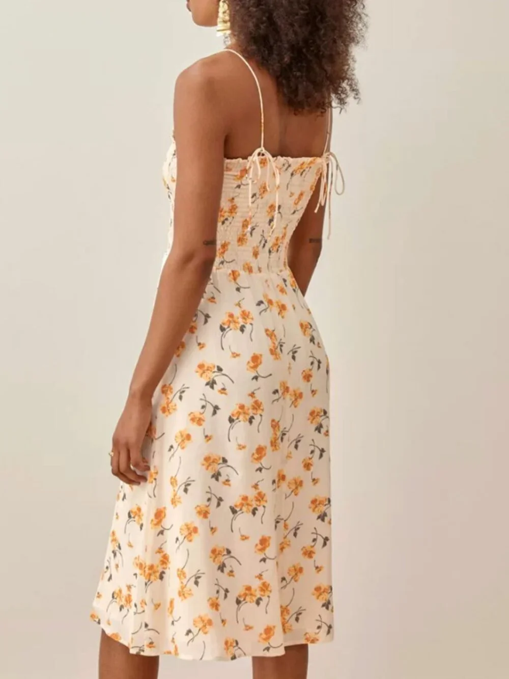 Reformation Sable Midi Dress Small Limo Orange Cream Floral Smoking Stretch - Picture 4 of 8
